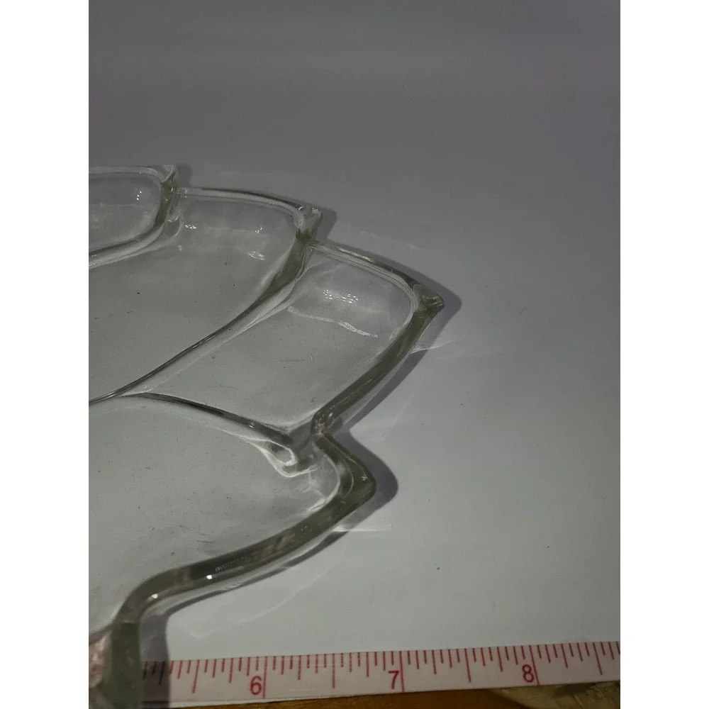 Vintage Clear Pressed Glass Leaf Divided Trinket Dish 3 Section Serving Tray 8in